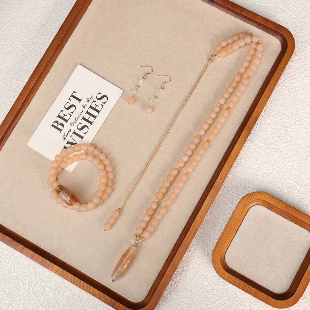 合金手链 LZ4796藕粉色磨砂圆珠巴西料项链手串耳环