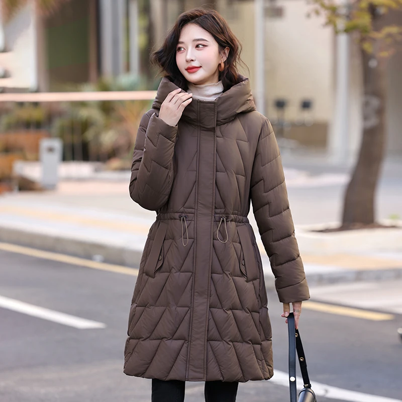 中长款棉服女冬新款高级感气质收腰连帽外套加厚长款999
