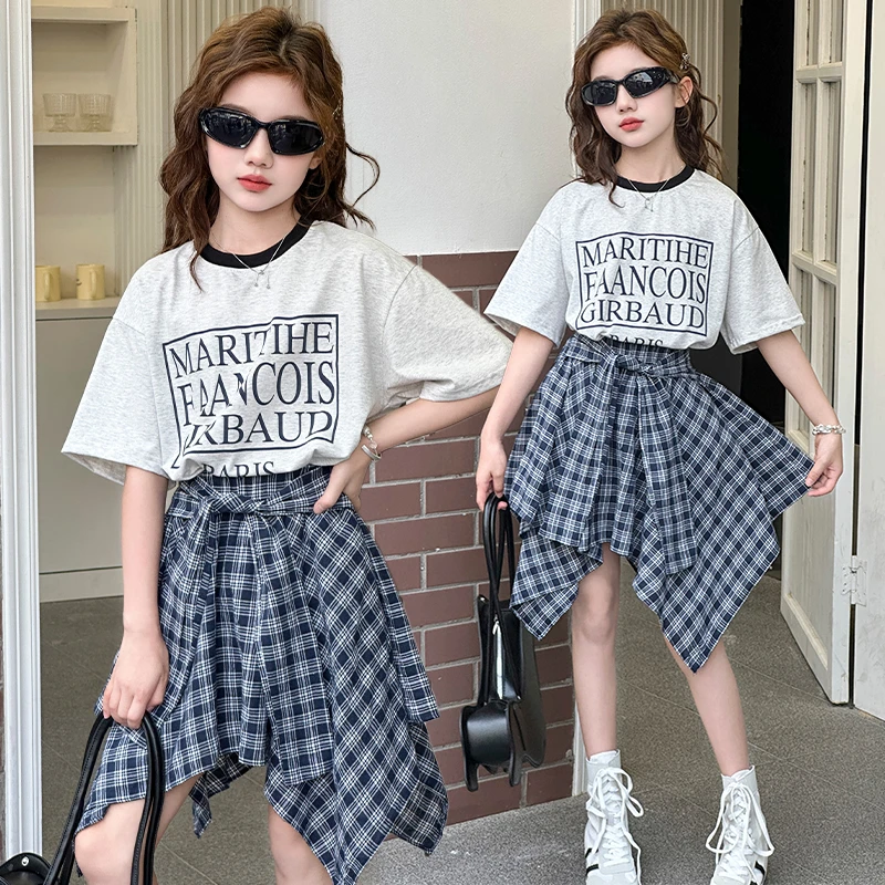 女童夏季套装2025新款美式复古儿童短袖不规则格子半身裙两件套潮