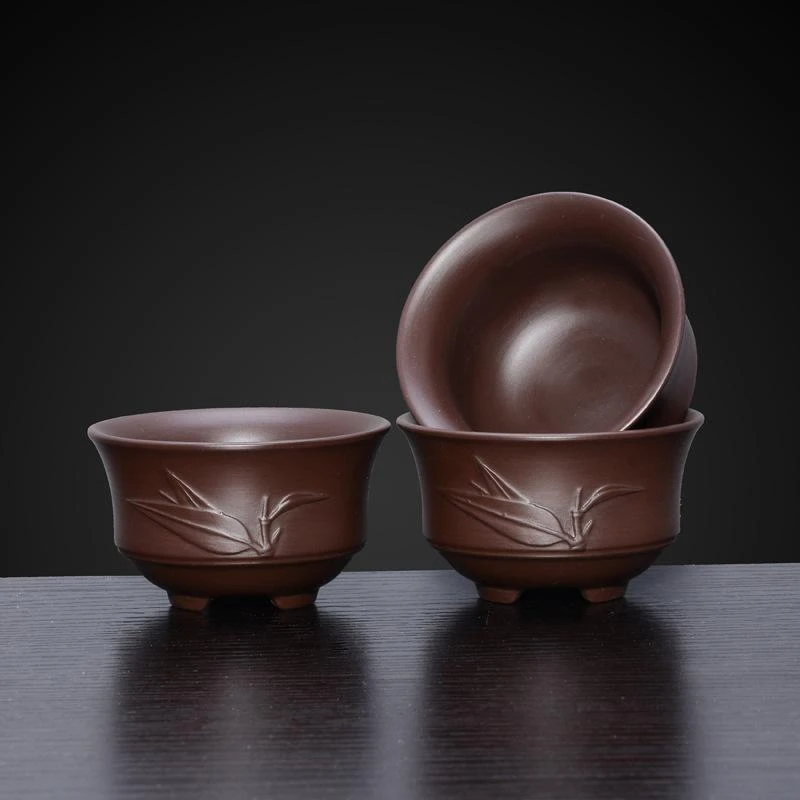 两个原矿紫泥咏竹紫砂客人茶杯-40cc