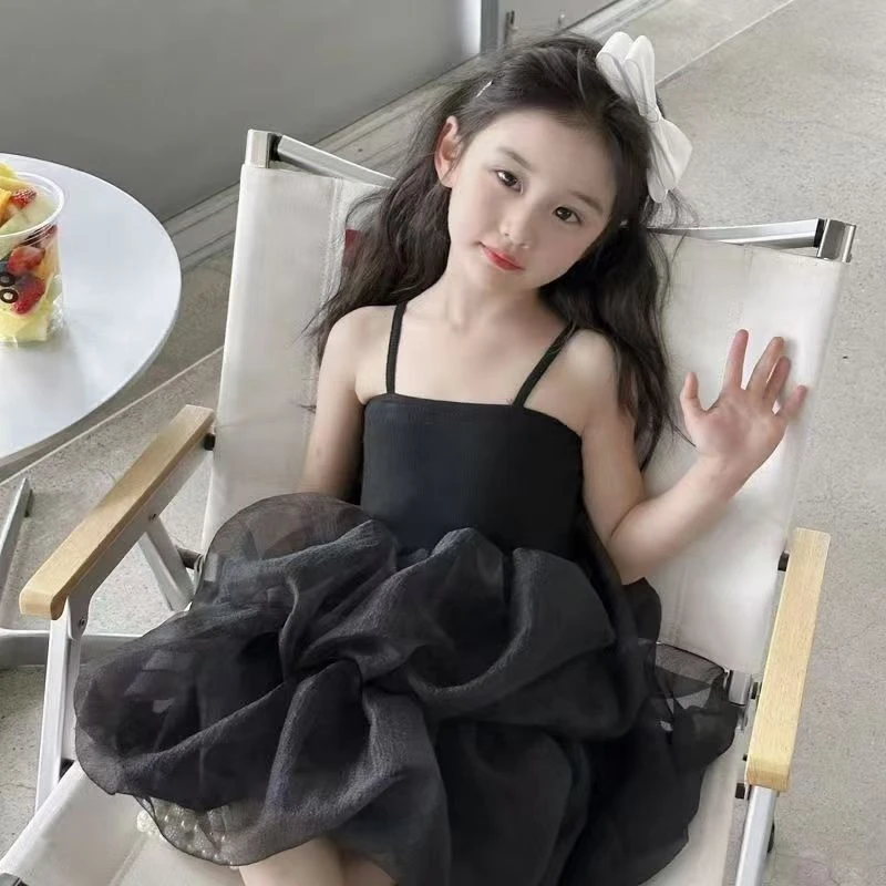 女童黑色礼服裙夏款小女孩吊带裙女宝宝网纱蓬蓬裙儿童演出公主裙