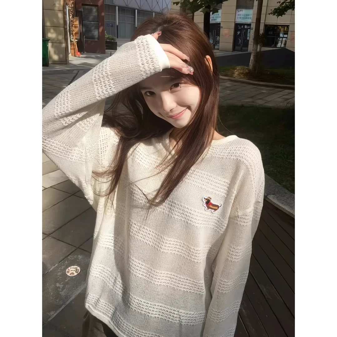 腊肠狗刺绣镂空防晒罩衫长袖t恤女夏季宽松百搭慵懒chic薄款上衣