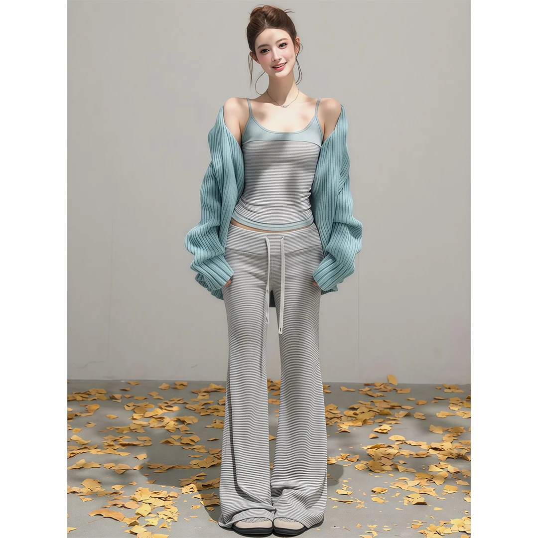 纯欲性感撞色拼接针织吊带背心女2025早秋新款修身显瘦直筒裤套装