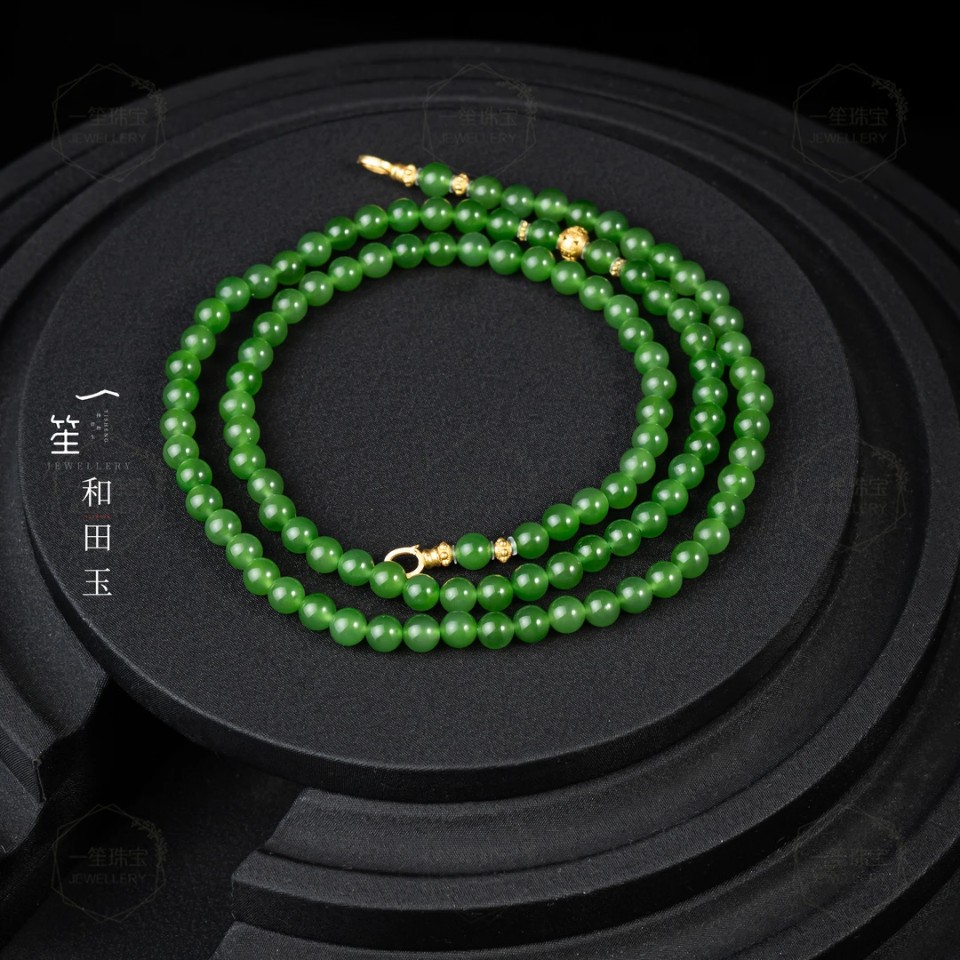 【一笙珠宝】6mm天然和田玉苹果绿碧玉项链18K金镶嵌