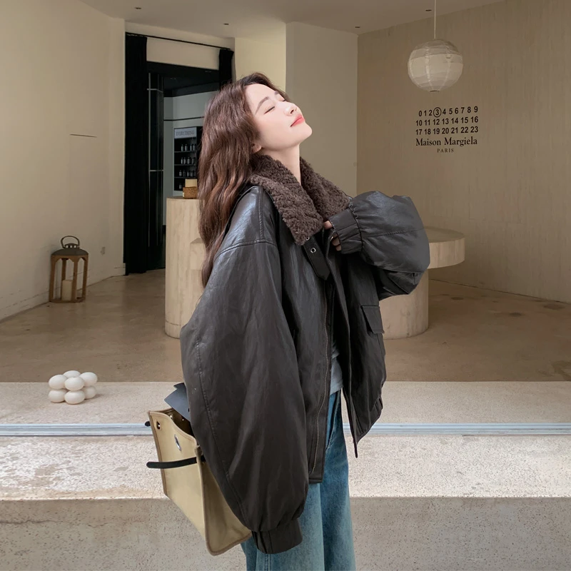 巴恩风90白鸭绒皮衣羽绒服2025冬季新款复古甜酷美拉德ins风夹克