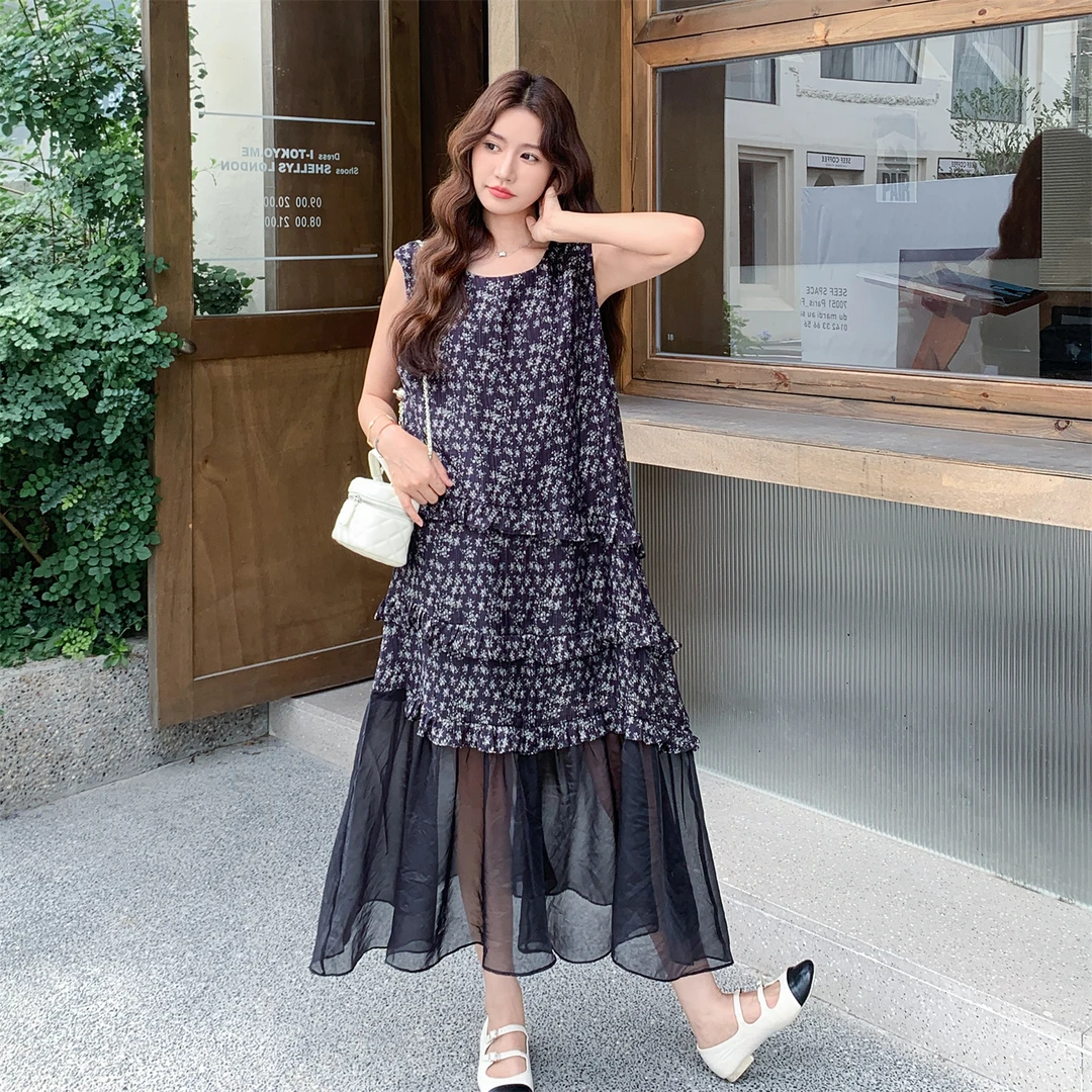网纱拼接碎花无袖连衣裙女夏季2025新款法式减龄特别漂亮超火裙子