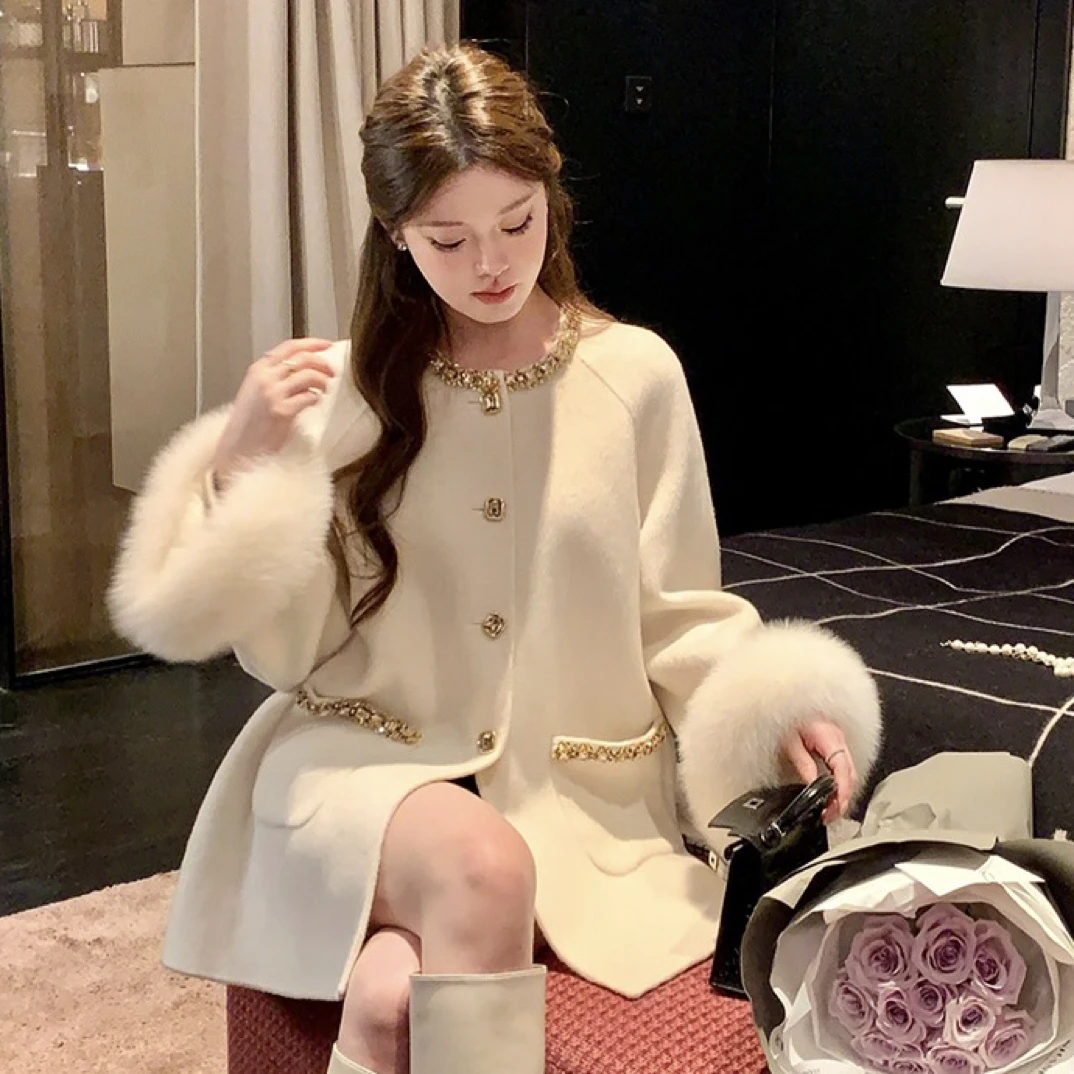 秋冬新款手工钻领双面毛呢大衣女富家千金质感外套