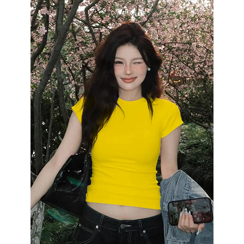 黄色正肩t恤女修身掐腰短袖夏小众不撞款百搭上衣显白多巴胺穿搭