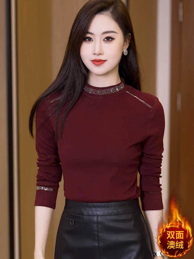 安可拉红打底衫女秋冬双面德绒半高领内搭加厚保暖洋气百搭款上衣