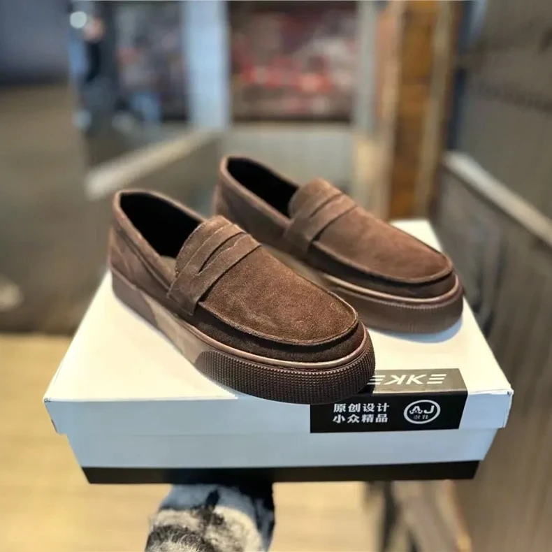 新款纯皮复古一脚蹬豆豆鞋男百搭舒适时尚厚底增加绒豆豆鞋