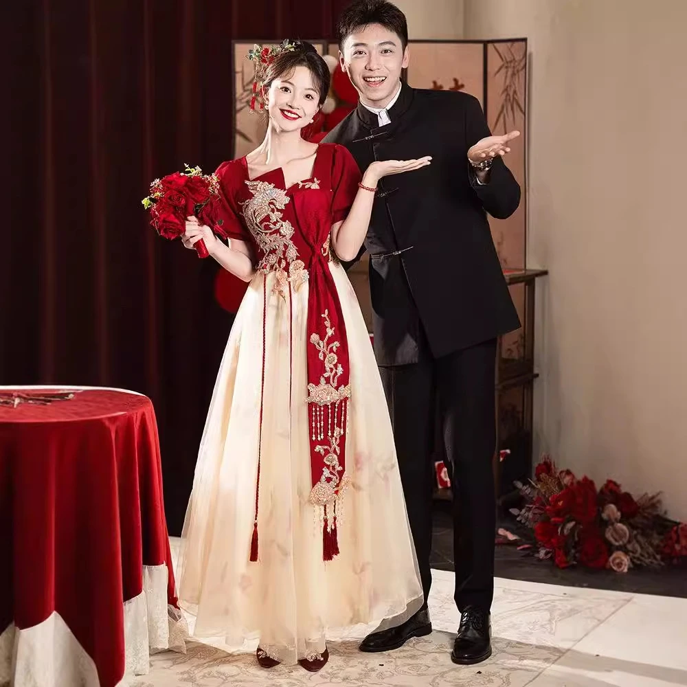 敬酒服新娘红色订婚礼服连衣裙女法式结婚回门便装显瘦长款晚礼服