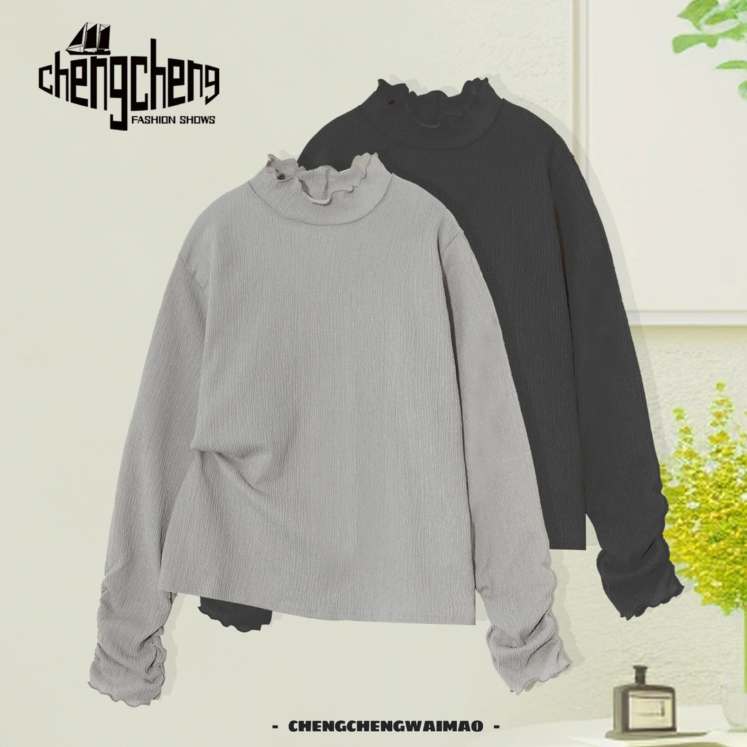 肌理感韩系高领花边领设计感百搭内搭上衣女春秋时尚长袖T恤H677