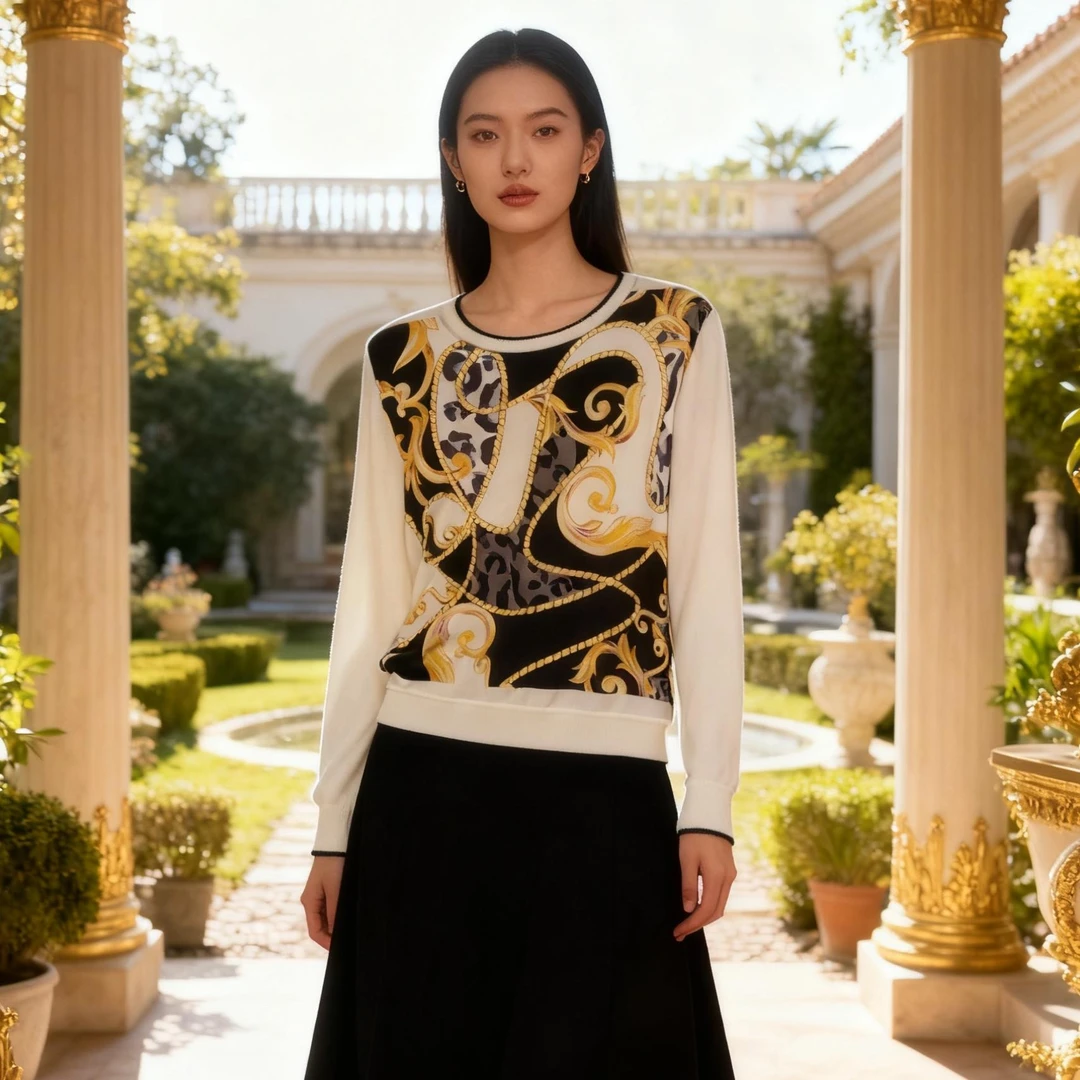 AW 25210【雍容华贵】2025秋 桑蚕丝印花拼接绢丝上衣