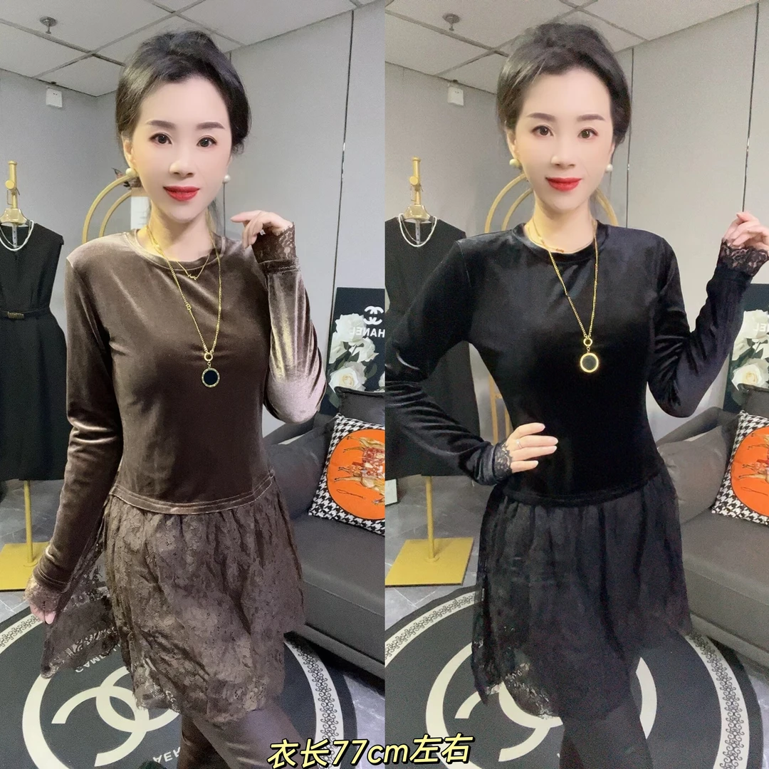 【新款冬季】时尚百搭长袖德绒蕾丝拼接洋气中长款打底显瘦连衣裙衫