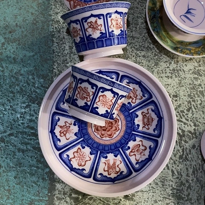 摆件陶青花釉里红八宝盖碗➕壶承➕杯