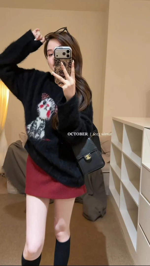 2026秋冬新款韩系甜美气质圣诞小猫咪针织衫毛衣女红色半身裙套装