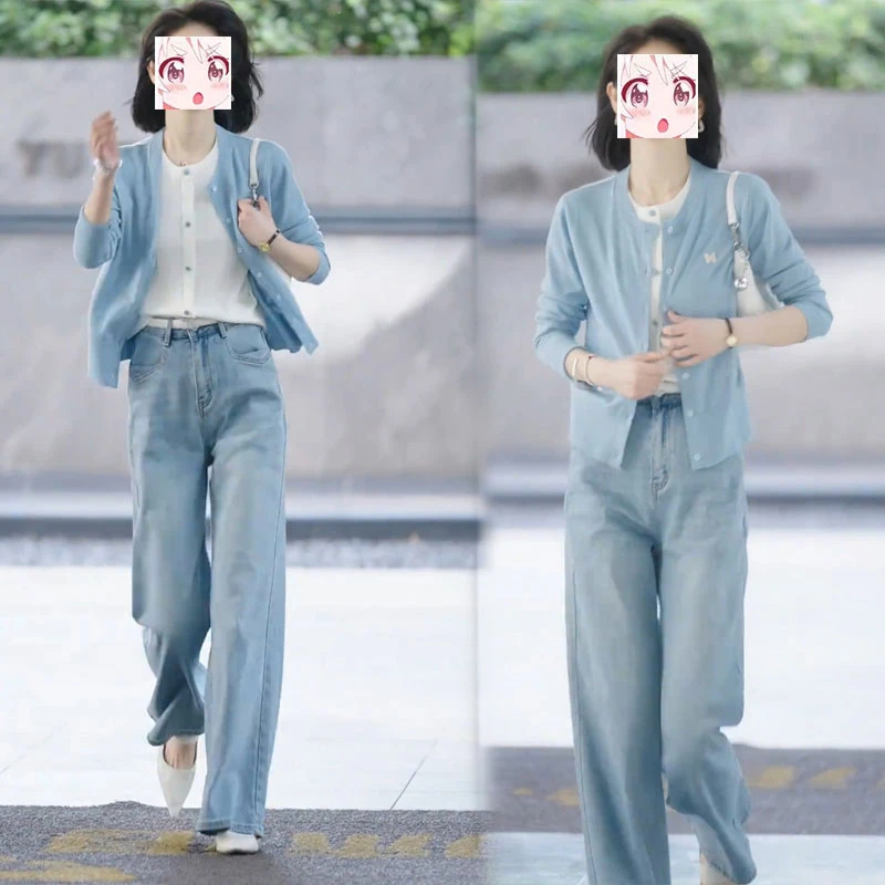 2025早秋慵懒风假两件长袖毛衣针织开衫高腰直筒牛仔裤通勤两件套