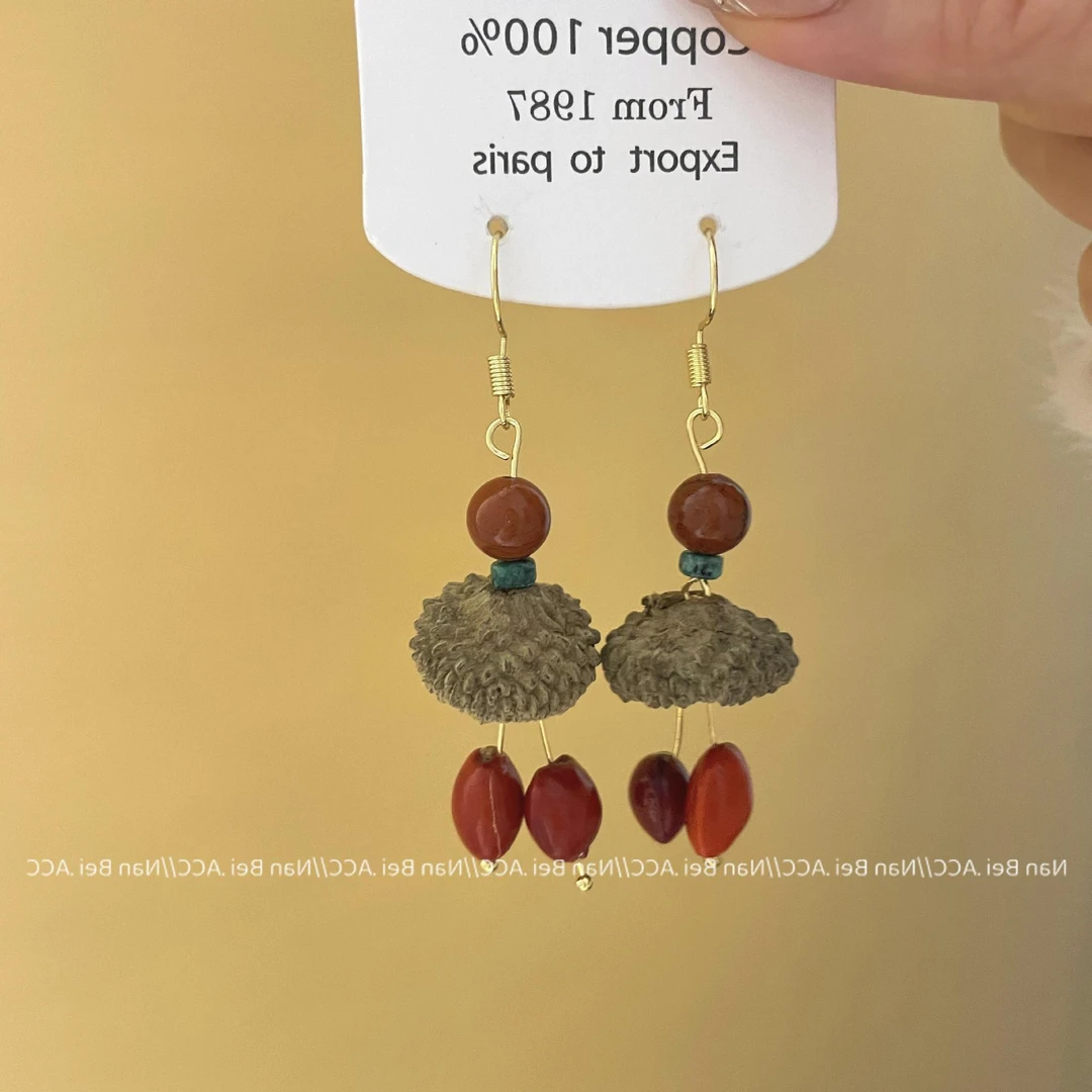 铜合金锆石耳饰 手作款森系橡果帽子咖啡豆耳环女设计感耳坠复古