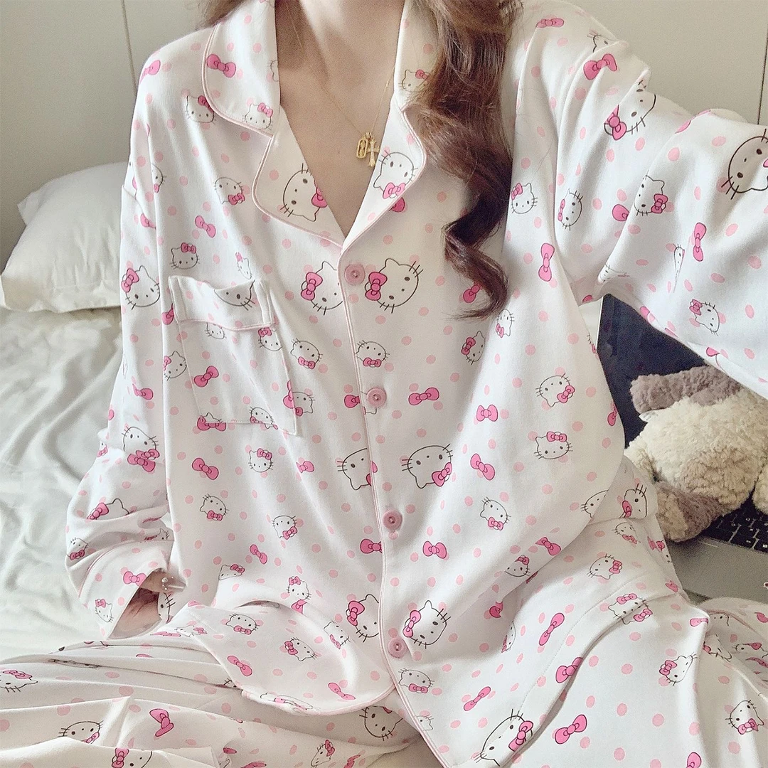 【白色kitty脑袋】100%棉精梳棉女春秋季长袖可爱纯棉睡衣甜家居服