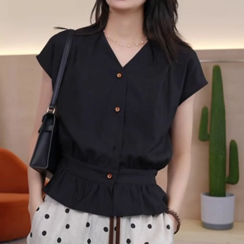 法式黑色v领无袖衬衫女2025夏季新款设计感小众收腰显瘦小衫上衣