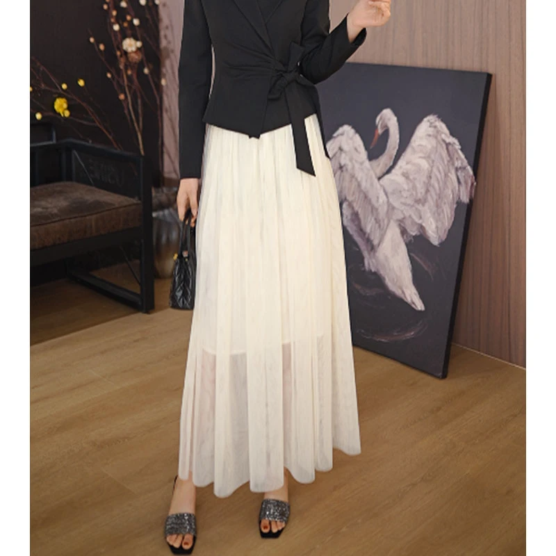 2025早春款甜美名媛风双层百搭显瘦杏色女百褶半身裙