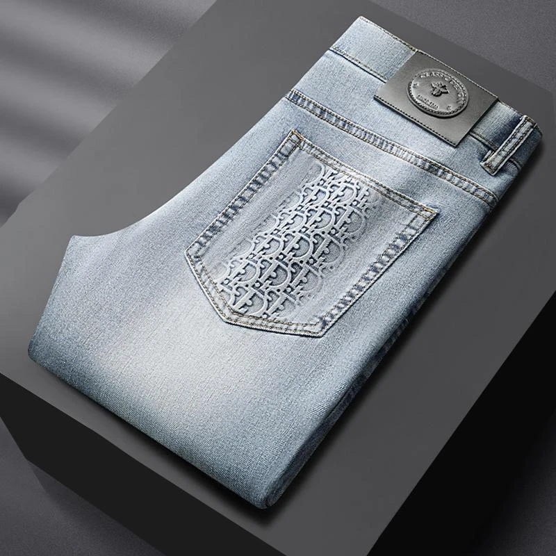 约文库费高端时尚春夏季男款牛仔裤英文提花修身休闲中腰薄款潮流