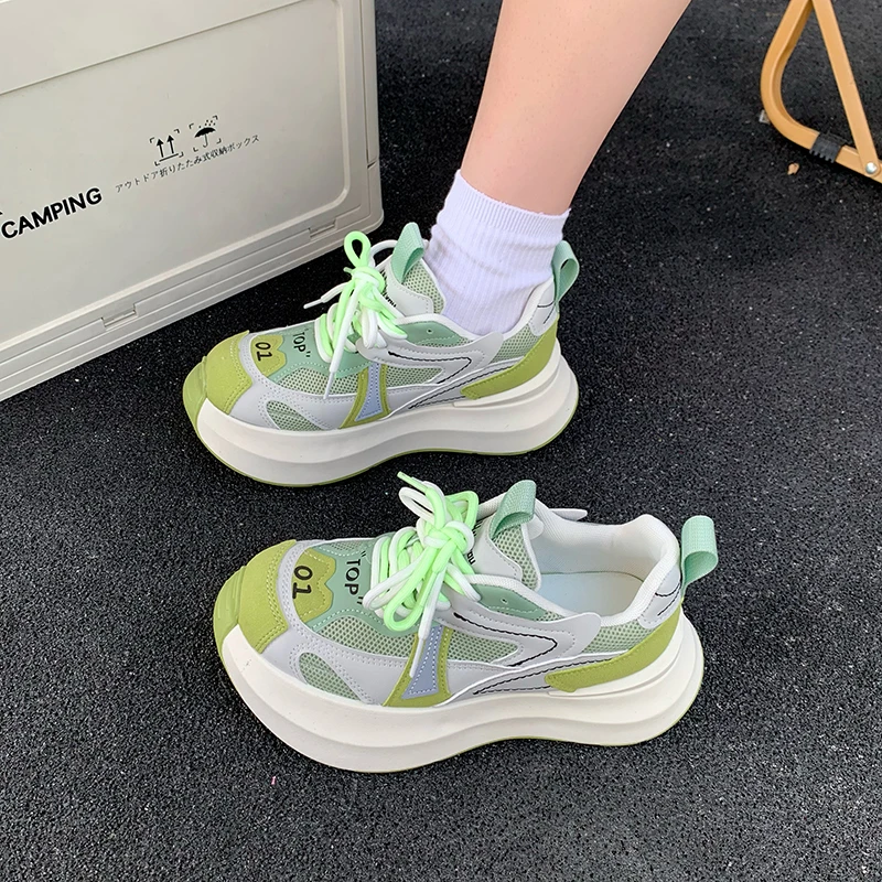 欧洲站2025春季新款网面拼色双系带设计休闲厚底老爹鞋增高鞋女潮