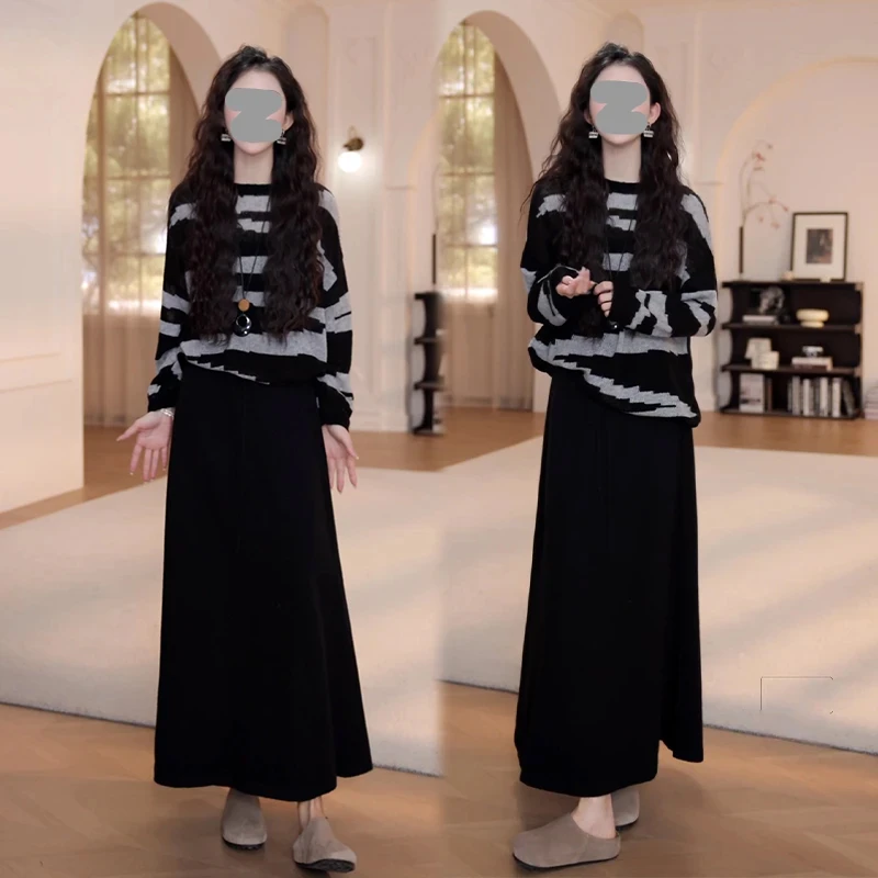 韩版撞色条纹长袖针织衫女秋季2025新款休闲宽松慵懒风松弛感上衣