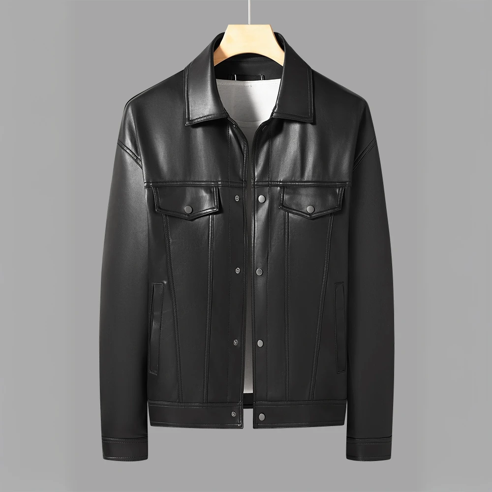 普卡夕赫欧洲站软皮夹克男春秋季翻领机车服韩版修身单件皮衣外套