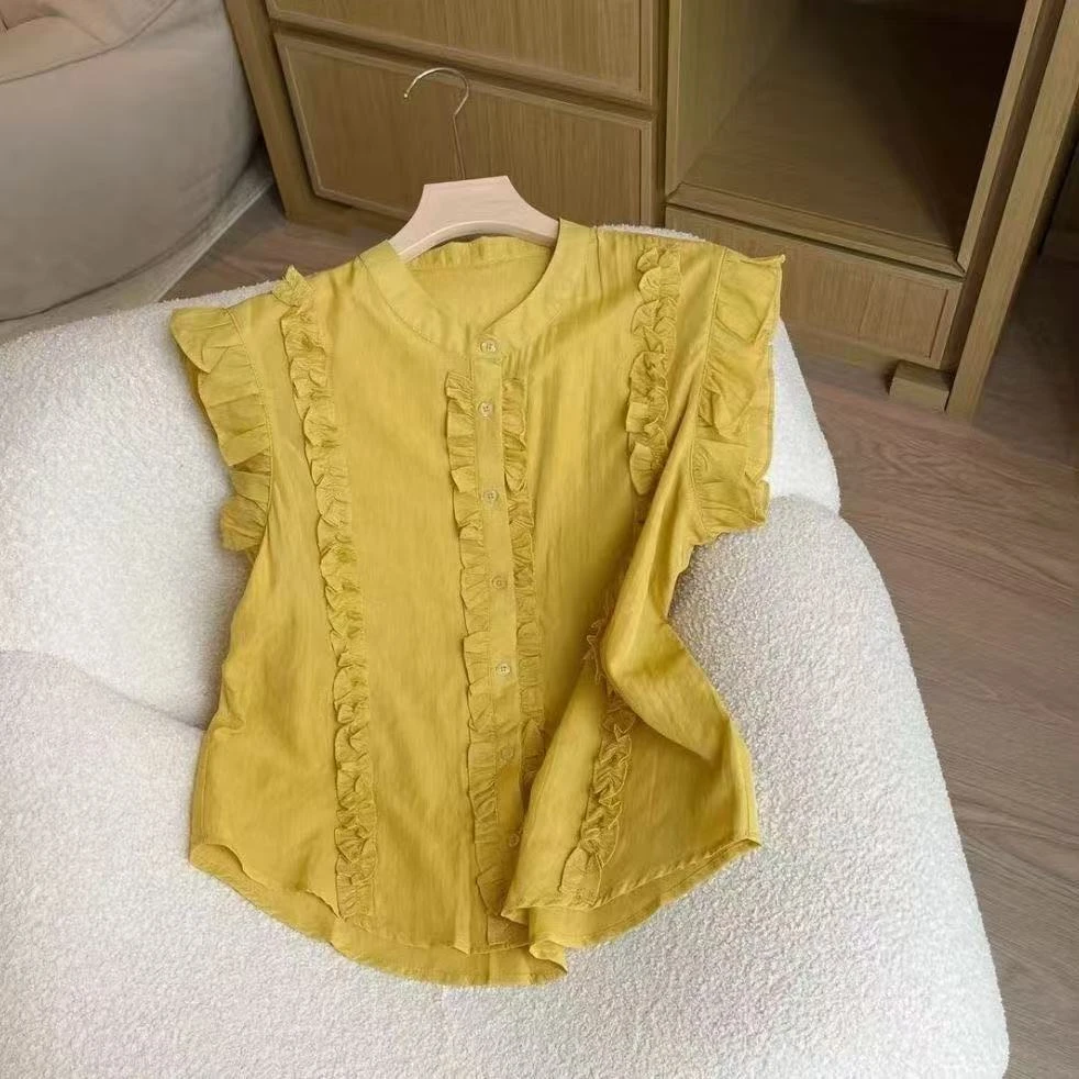 法式飞飞袖衬衫女2025夏季新款减龄洋气质显瘦木耳边绝美别致上衣