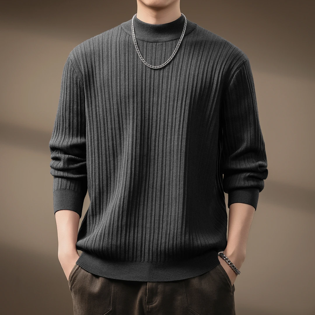 高端半高领轻熟竖纹坑条针织衫男士秋冬长袖打底休闲百搭内搭毛衣