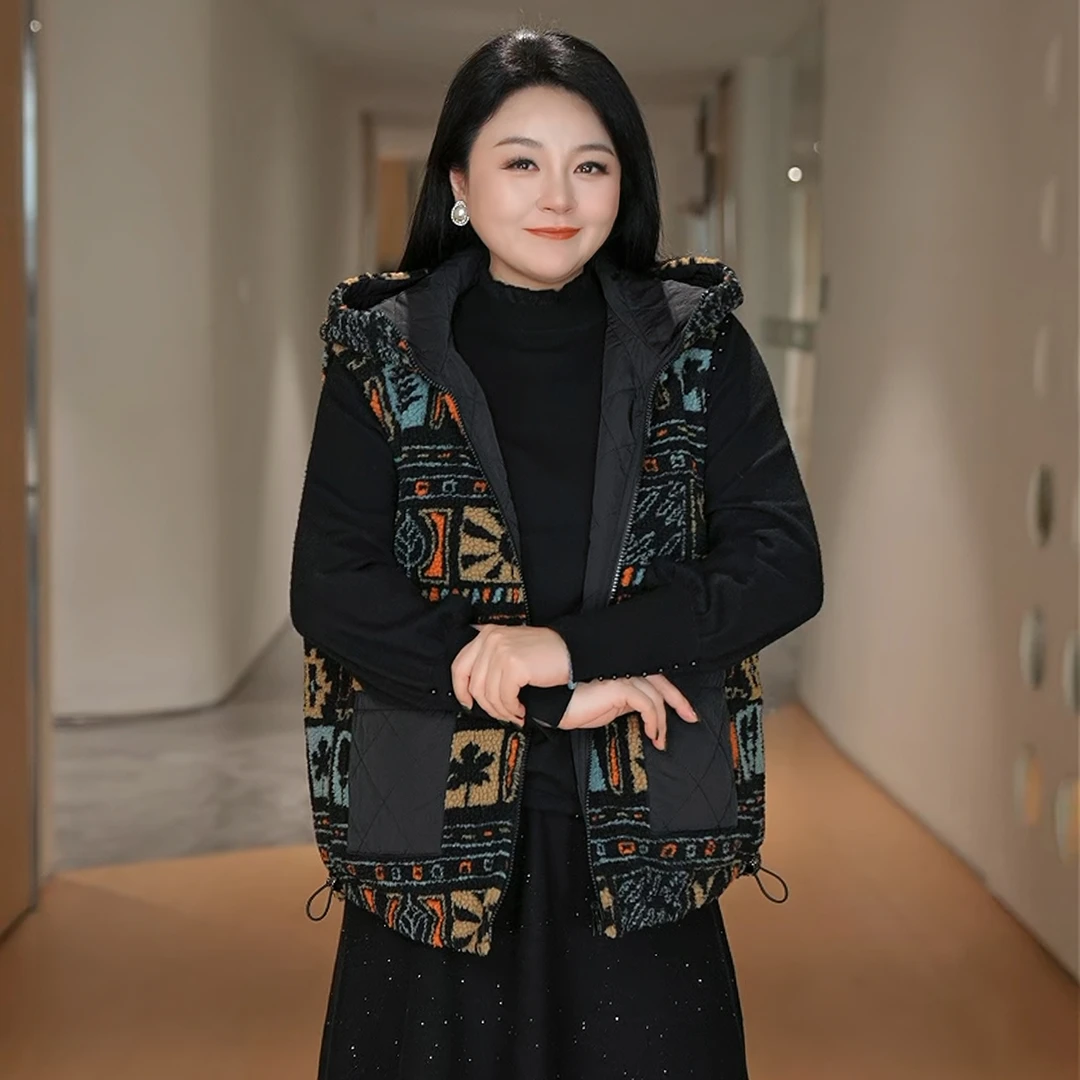 MsShe大码女装冬装仿羊羔毛两面穿加厚夹棉帽棉服马甲J~B2511044