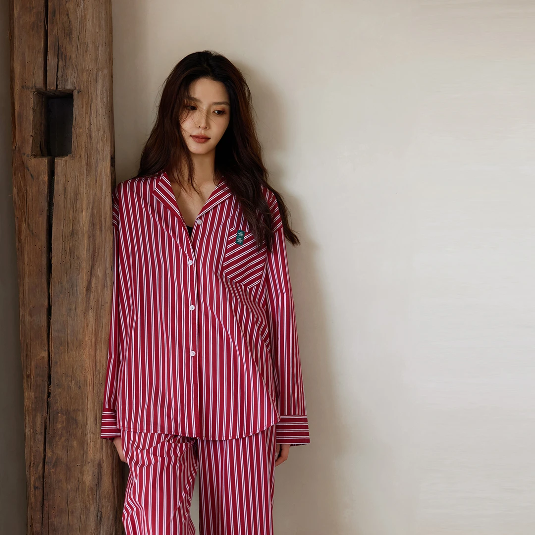 美腾春秋季睡衣女款柔软棉长袖条纹宽松抗菌家居服长裤套装可外穿