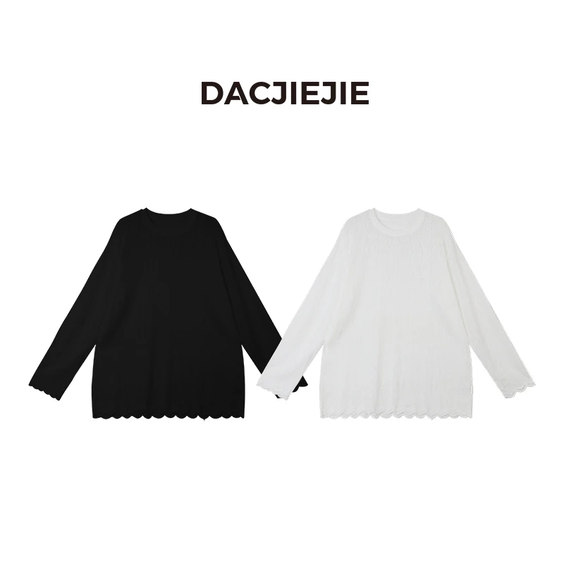 【蕾丝T恤】春秋休闲时尚网红长袖百搭圆领纯色宽松简约女