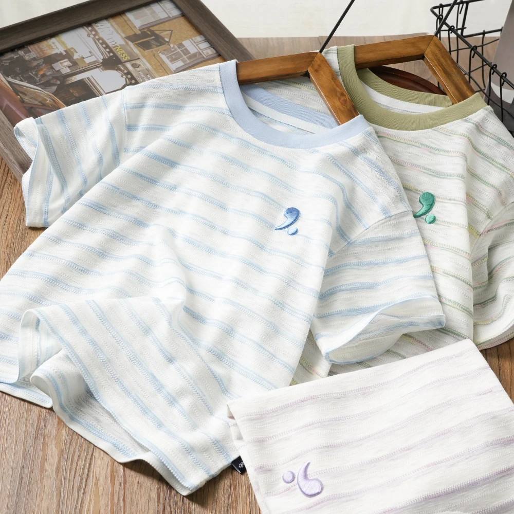 儿童休闲逗号刺绣条纹短袖夏季新款圆领中大童百搭T恤25239