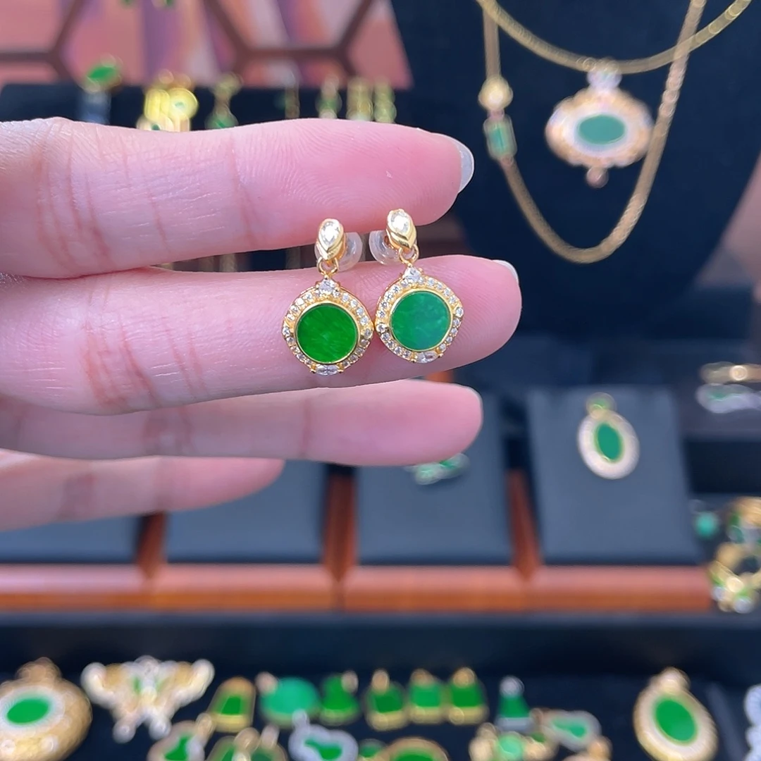 翡翠银S925镀金镶嵌耳饰
