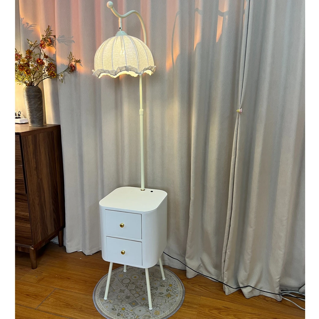 落地灯中古风卧室立式置物茶几床头柜一体床头灯客厅轻奢落地台灯