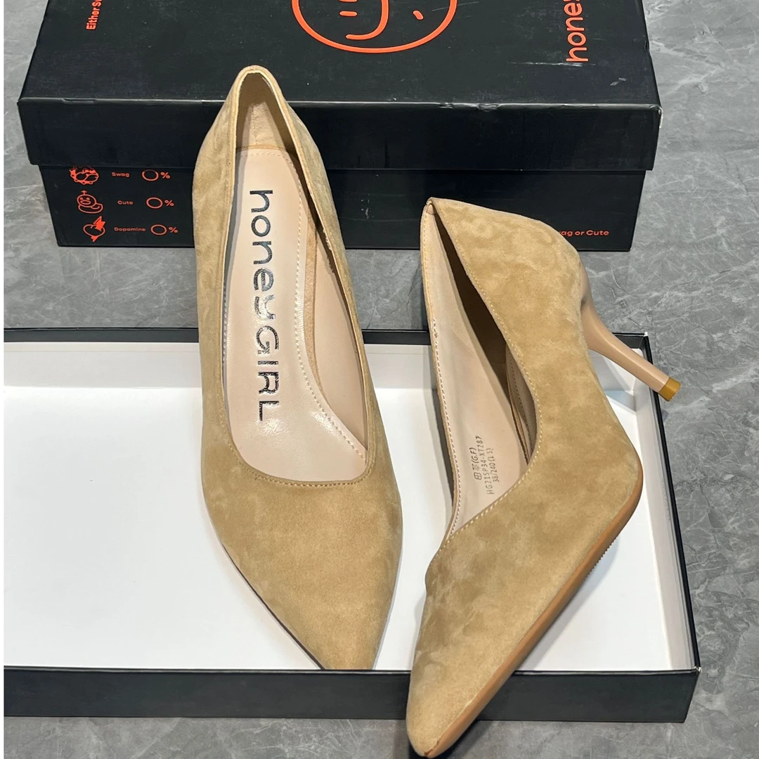 不累脚韩版黑杏色尖头细跟职业高跟单鞋春秋款新款高级感气质