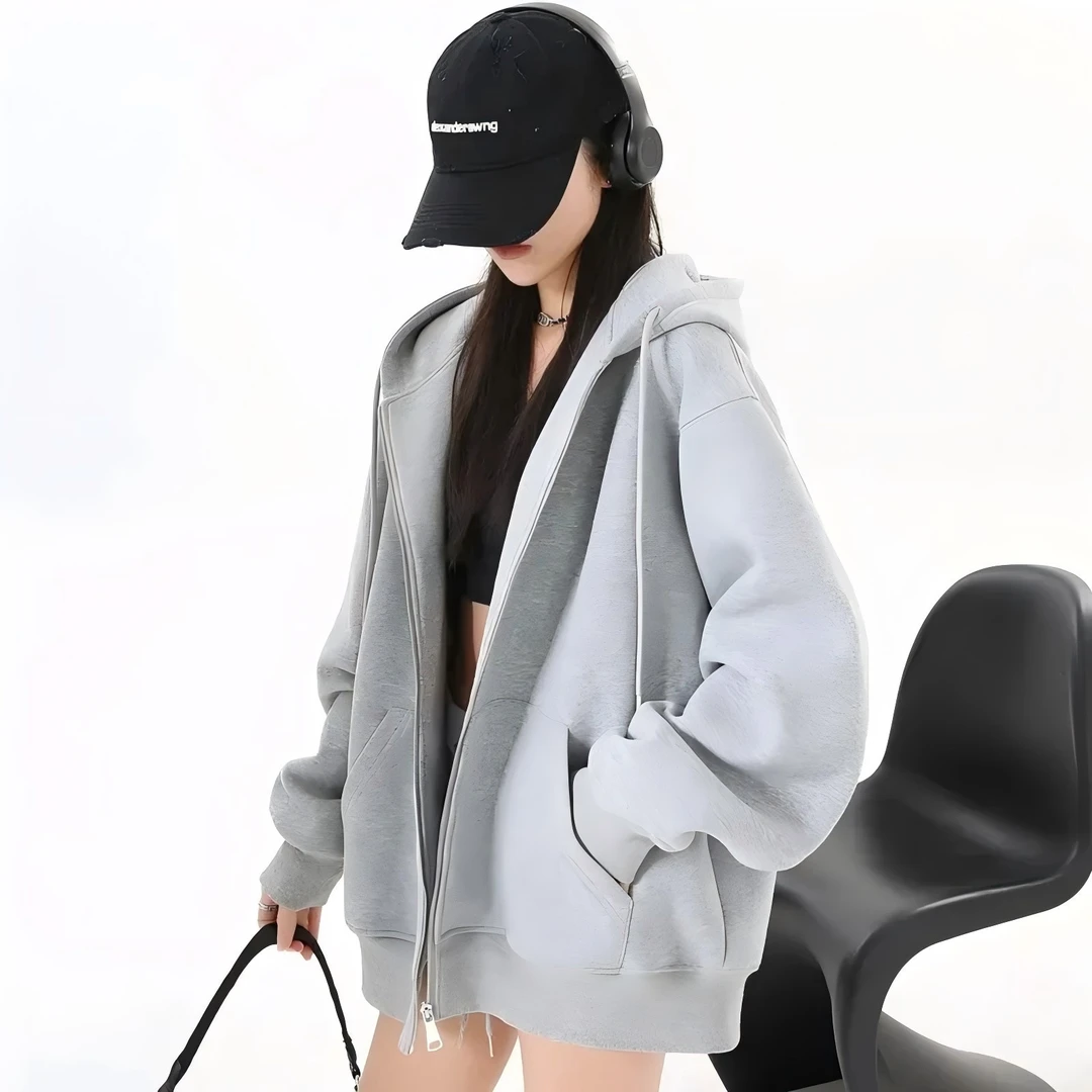 2025年新款重磅长袖宽松连帽秋冬外套女卫衣拉链开衫潮流百搭上衣