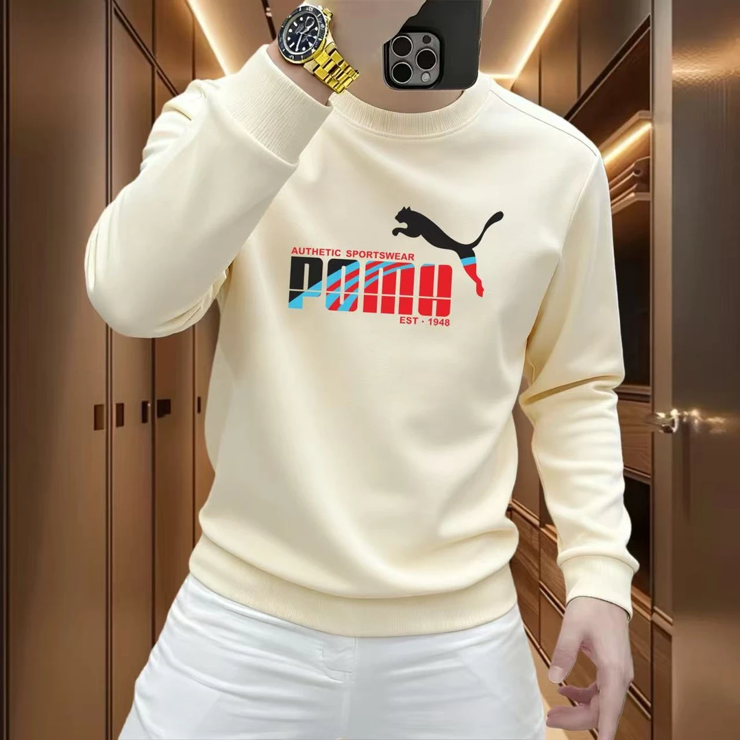 PM秋冬季男士长袖卫衣休闲时尚新款百搭圆领印花加绒加厚套头上衣