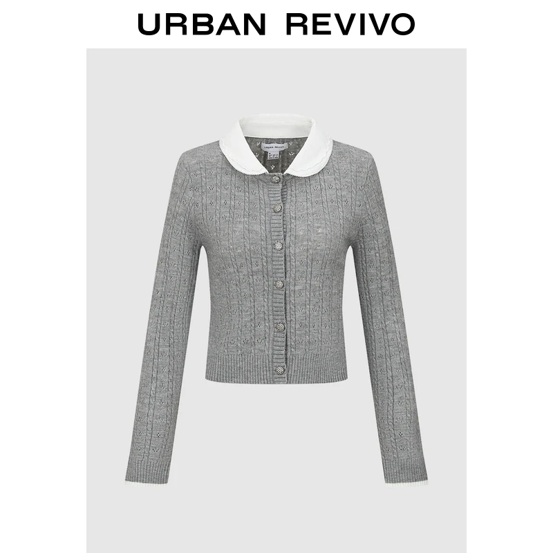 UR2025冬季新款女装休闲撞色拼接镂空绞花针织开衫UYL950251