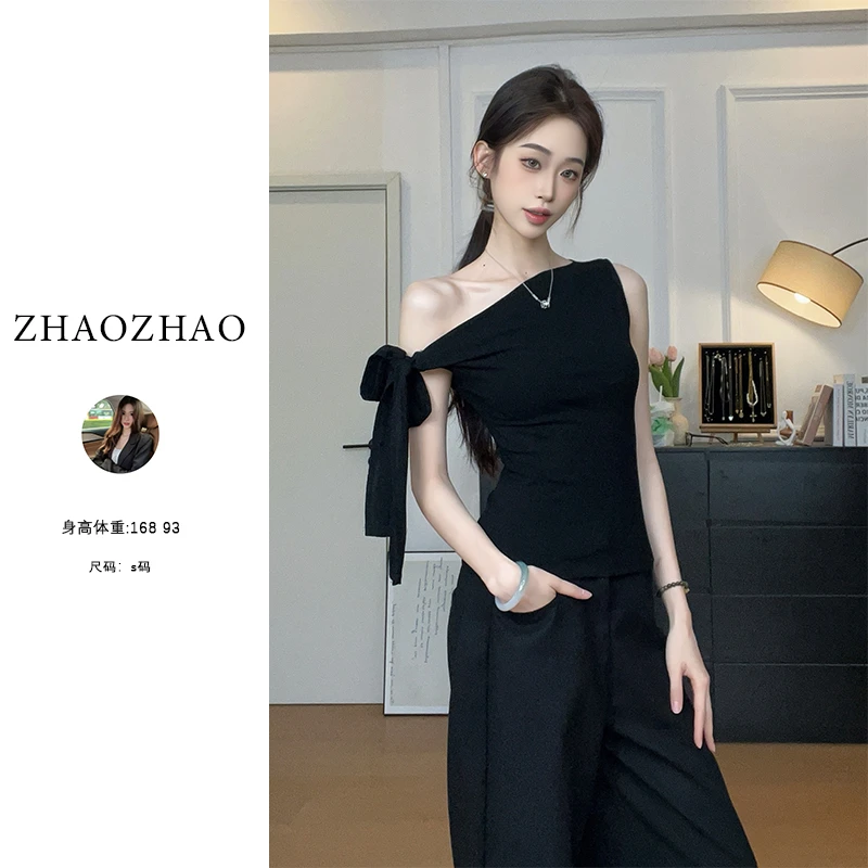 性感辣妹风时尚高级感小众开叉法式露肩设计感修身恤