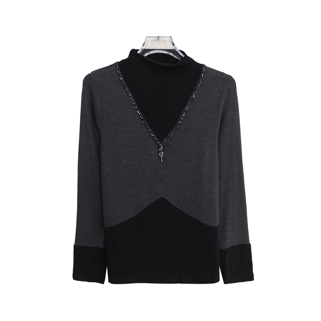 简约拼接舒适休闲大方立体装饰长袖T恤S4953