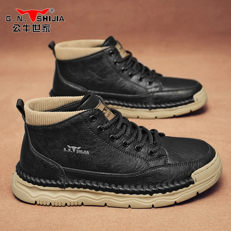 公牛世家工装鞋男春季美式复古高帮休闲皮鞋男英伦软底中帮马丁靴