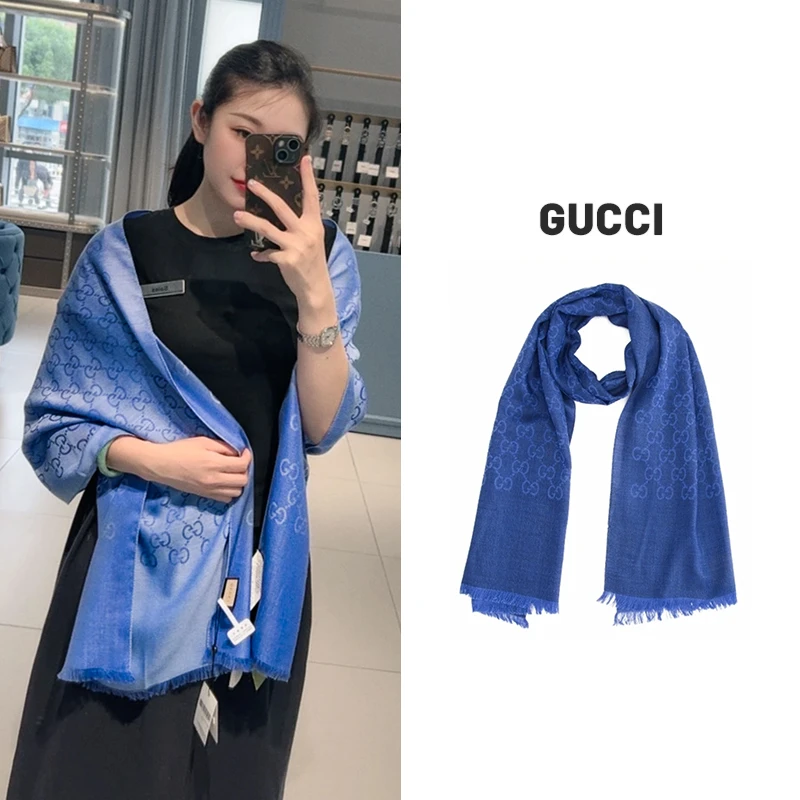 GUCCI/古驰双G系列双G提花围巾流苏绒线围巾男女同款情侣款