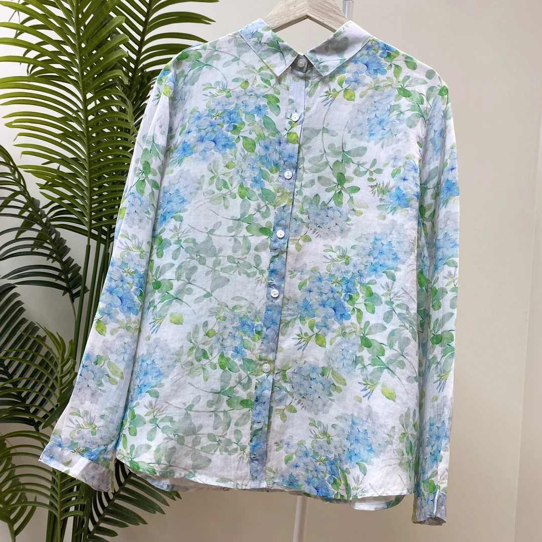 【长袖青翠欲滴印花苎麻衬衫】3414