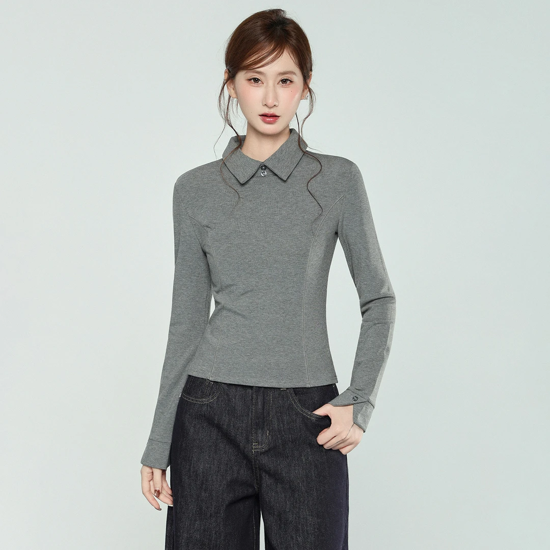实拍2025翻领磨毛柔软打底T恤女2025秋冬季新款韩系修身显瘦内搭