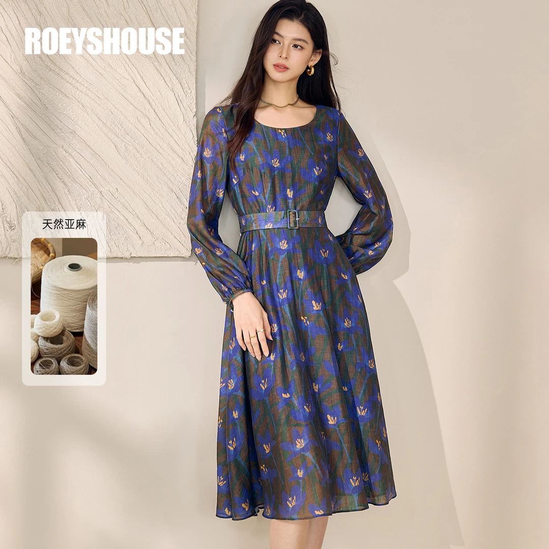 【RH】罗衣优雅时尚花色连衣裙女2025秋季新款系带长袖中长裙12509