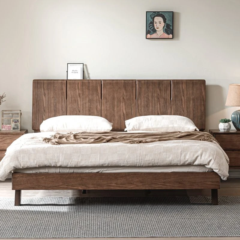 黑胡桃木简约全实木床北欧1.8现代大床悬浮1.5主卧双人床现货可发