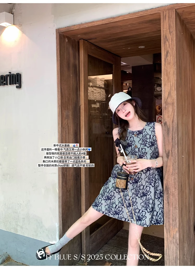 新中式女装灰色圆领印花无袖背心连衣裙夏季小个子高级感国风裙子